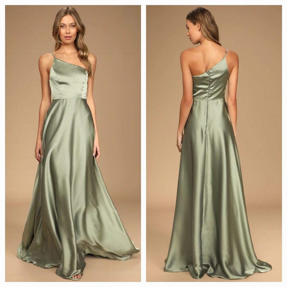 New MANIJU (M) Olive Green Satin Love's Calling  One-Shoulder Maxi Dress $88